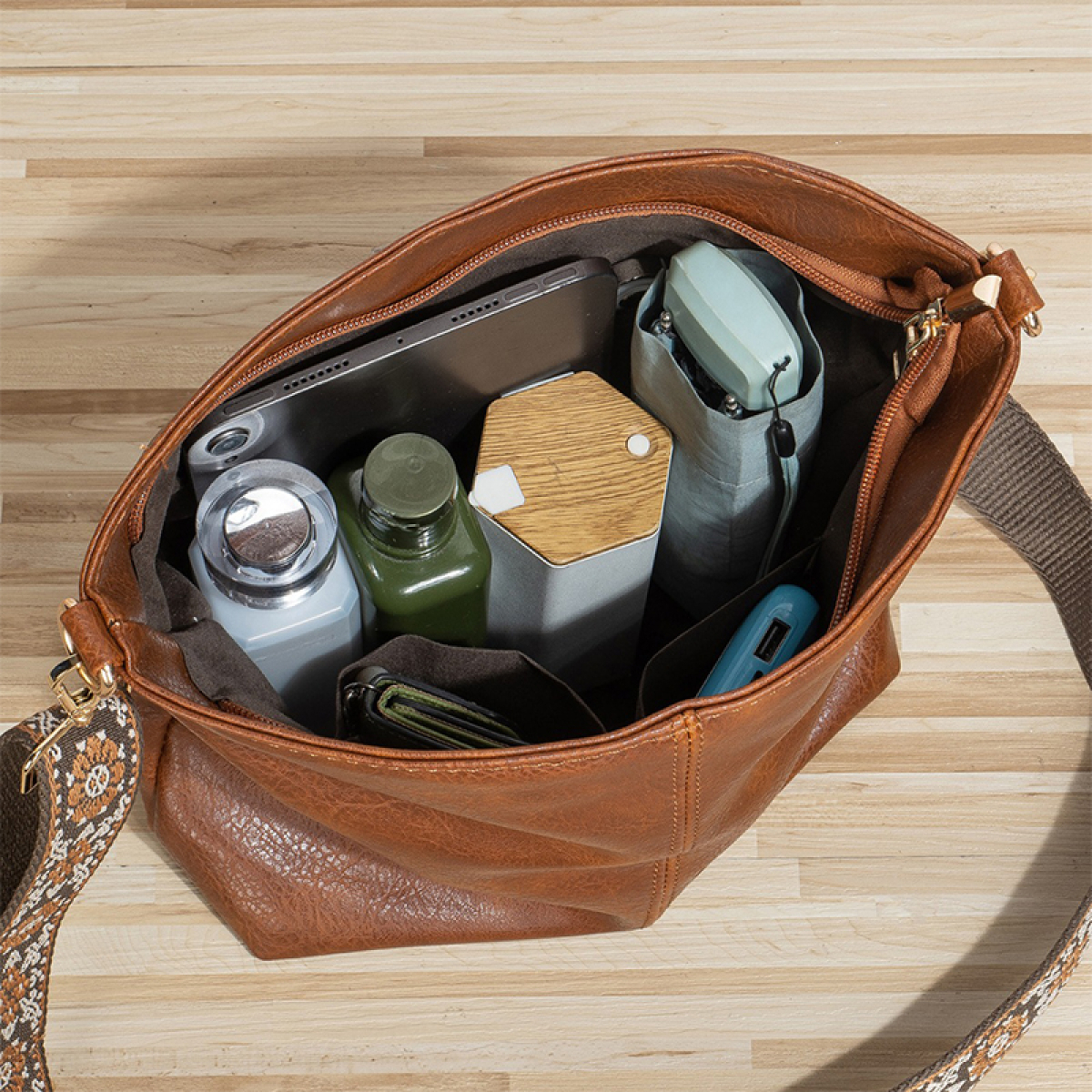 Bolso Cartera Cuero Alta Calidad Gran Capacidad Asa De Tela - Imagen 3