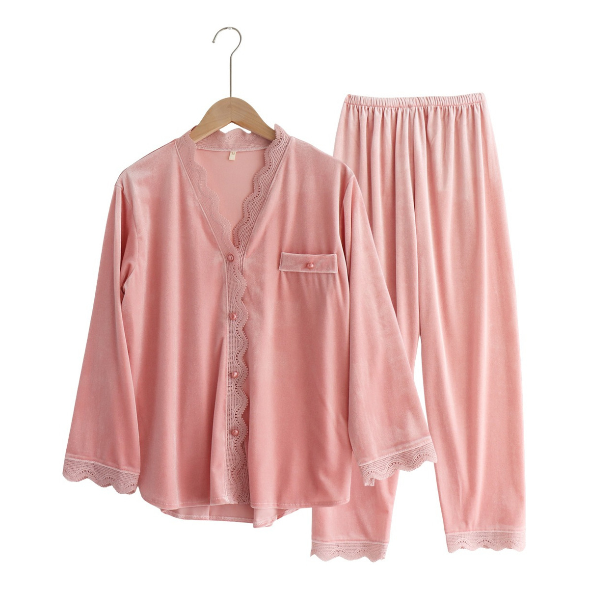 Pijama Terciopelo Para Dama De Invierno 2 Piezas Con Encaje - Imagen 8