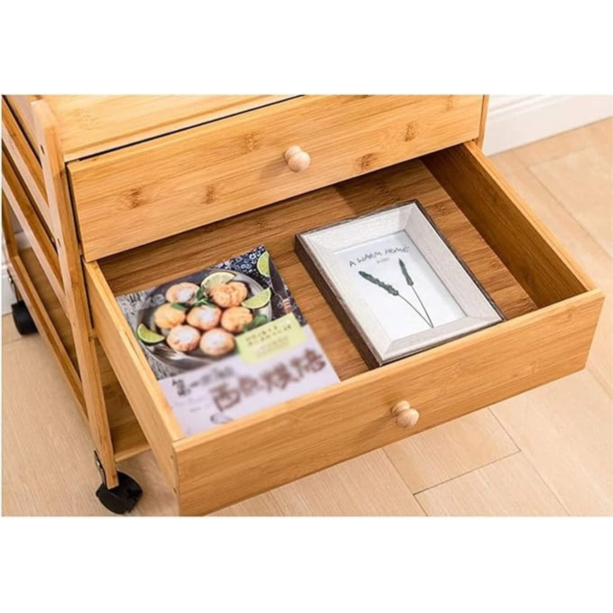 Mesa De Luz Estante Con Ruedas Y Dos Cajones En Madera - Imagen 4