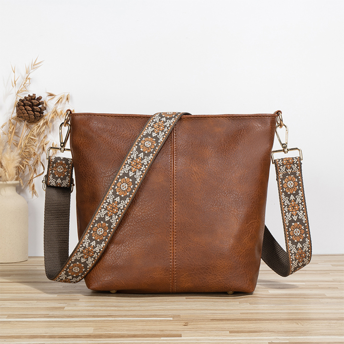 Bolso Cartera Cuero Alta Calidad Gran Capacidad Asa De Tela - Imagen 7