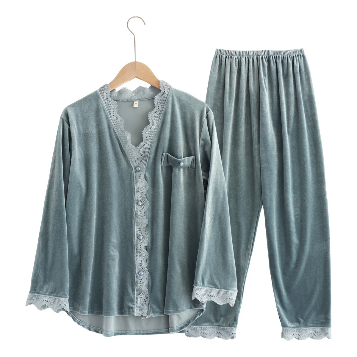 Pijama Terciopelo Para Dama De Invierno 2 Piezas Con Encaje - Imagen 1