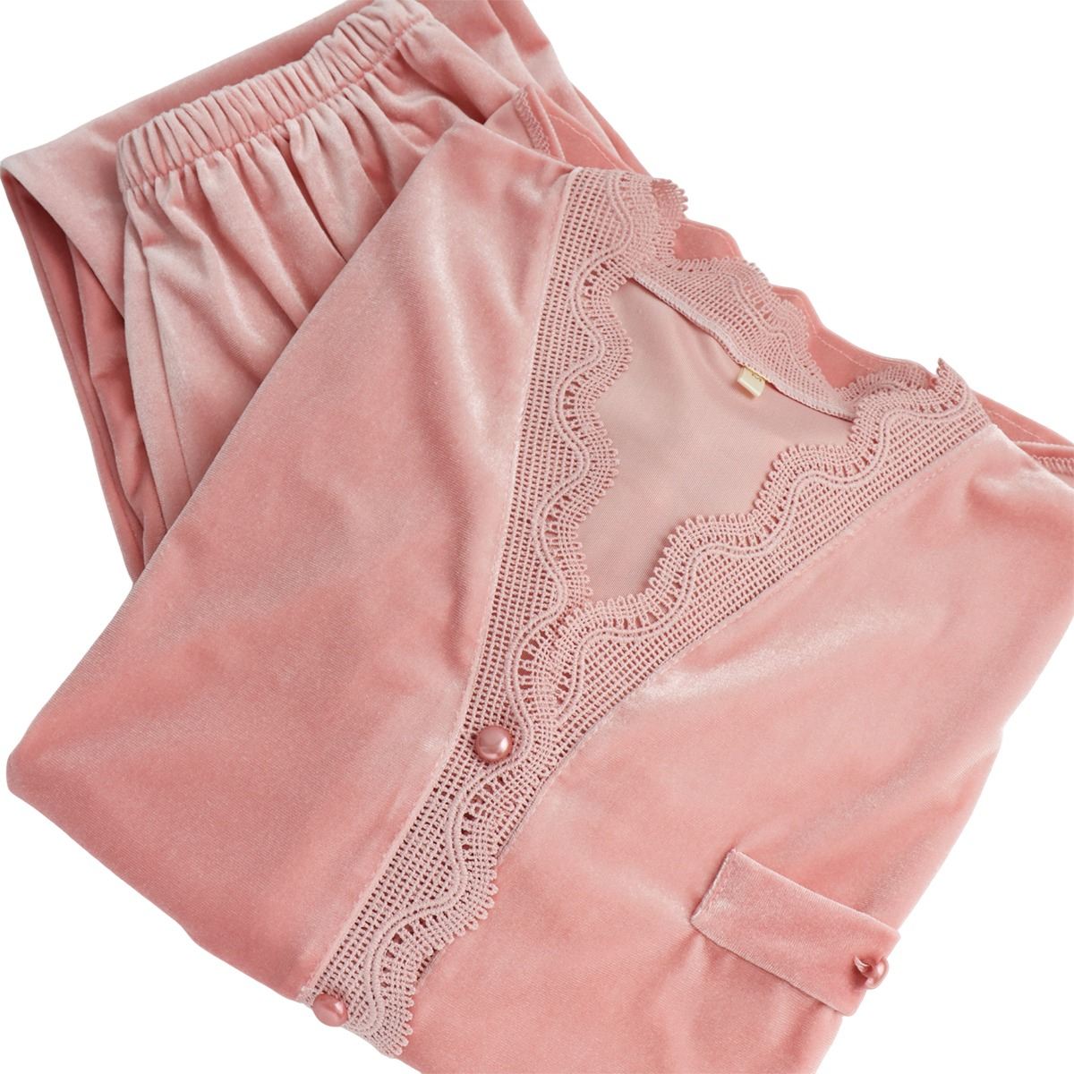 Pijama Terciopelo Para Dama De Invierno 2 Piezas Con Encaje - Imagen 2