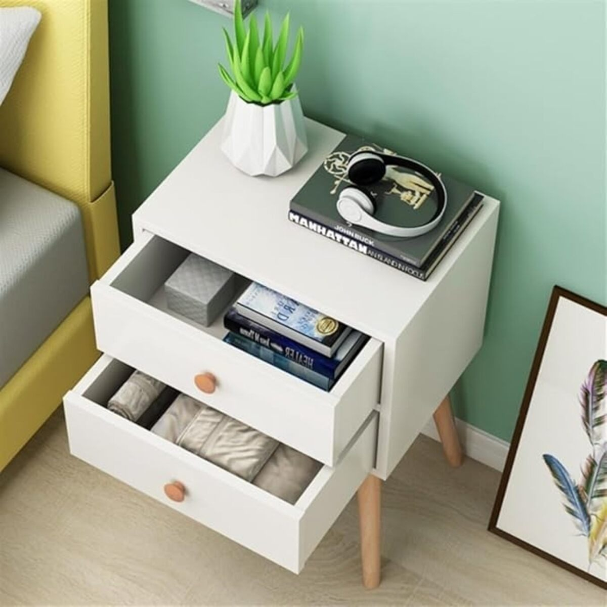 Mueble Mesa De Luz Alta 2 Cajones Patas Madera Dormitorio - Imagen 3