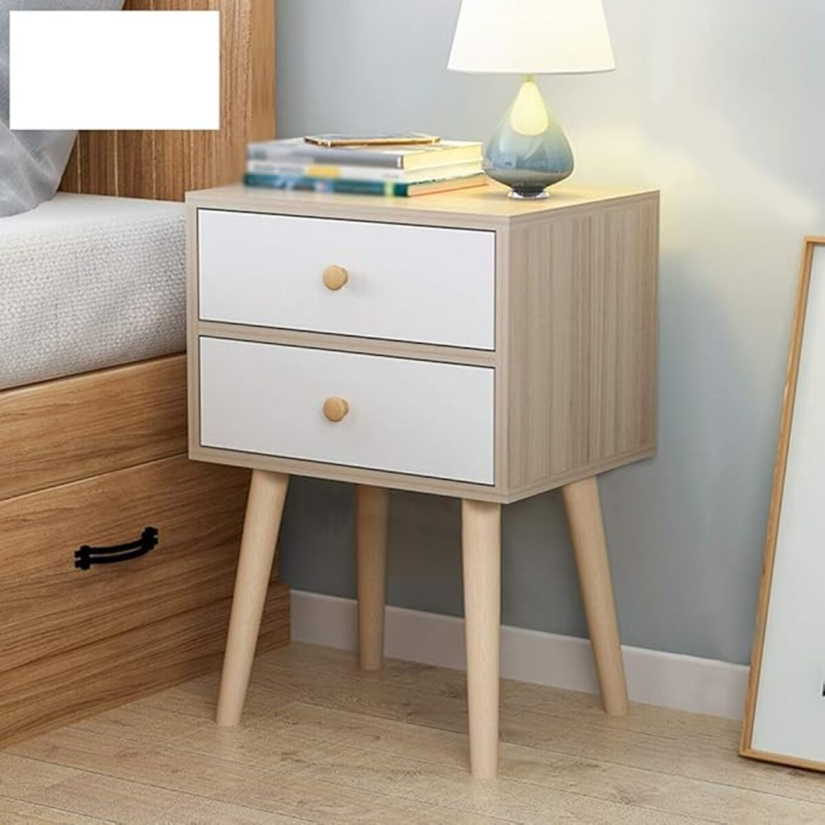 Mueble Mesa De Luz Alta 2 Cajones Patas Madera Dormitorio - Imagen 2