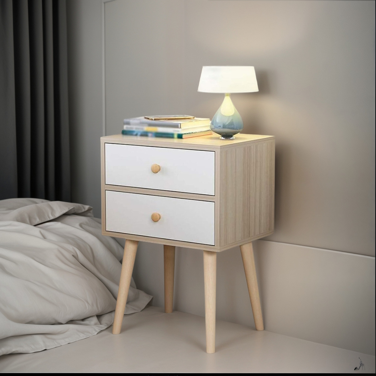Mueble Mesa De Luz Alta 2 Cajones Patas Madera Dormitorio - Imagen 1