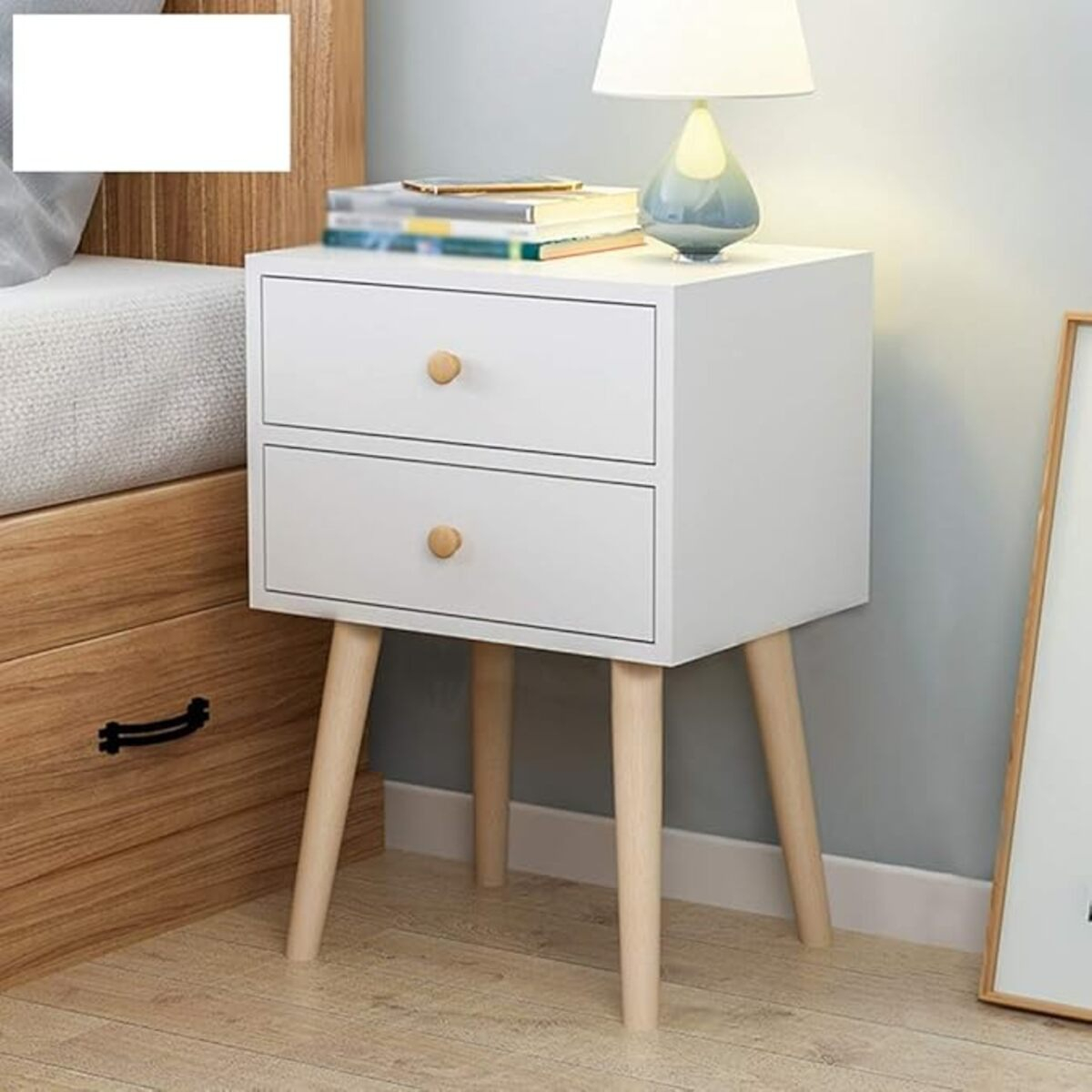 Mueble Mesa De Luz Alta 2 Cajones Patas Madera Dormitorio - Imagen 8