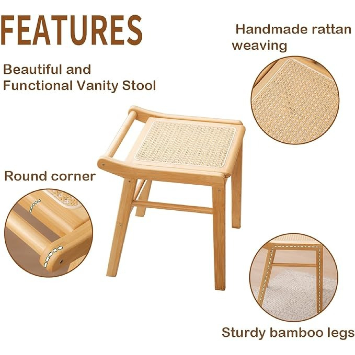 Taburete Banco Nórdico Bajo Cuadrado De Ratan Y Madera - Imagen 6
