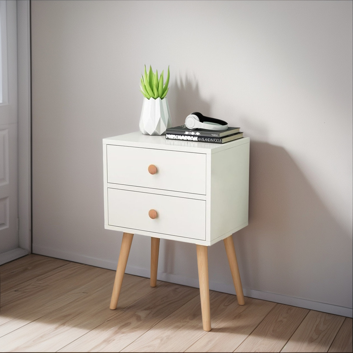 Mueble Mesa De Luz Alta 2 Cajones Patas Madera Dormitorio - Imagen 7