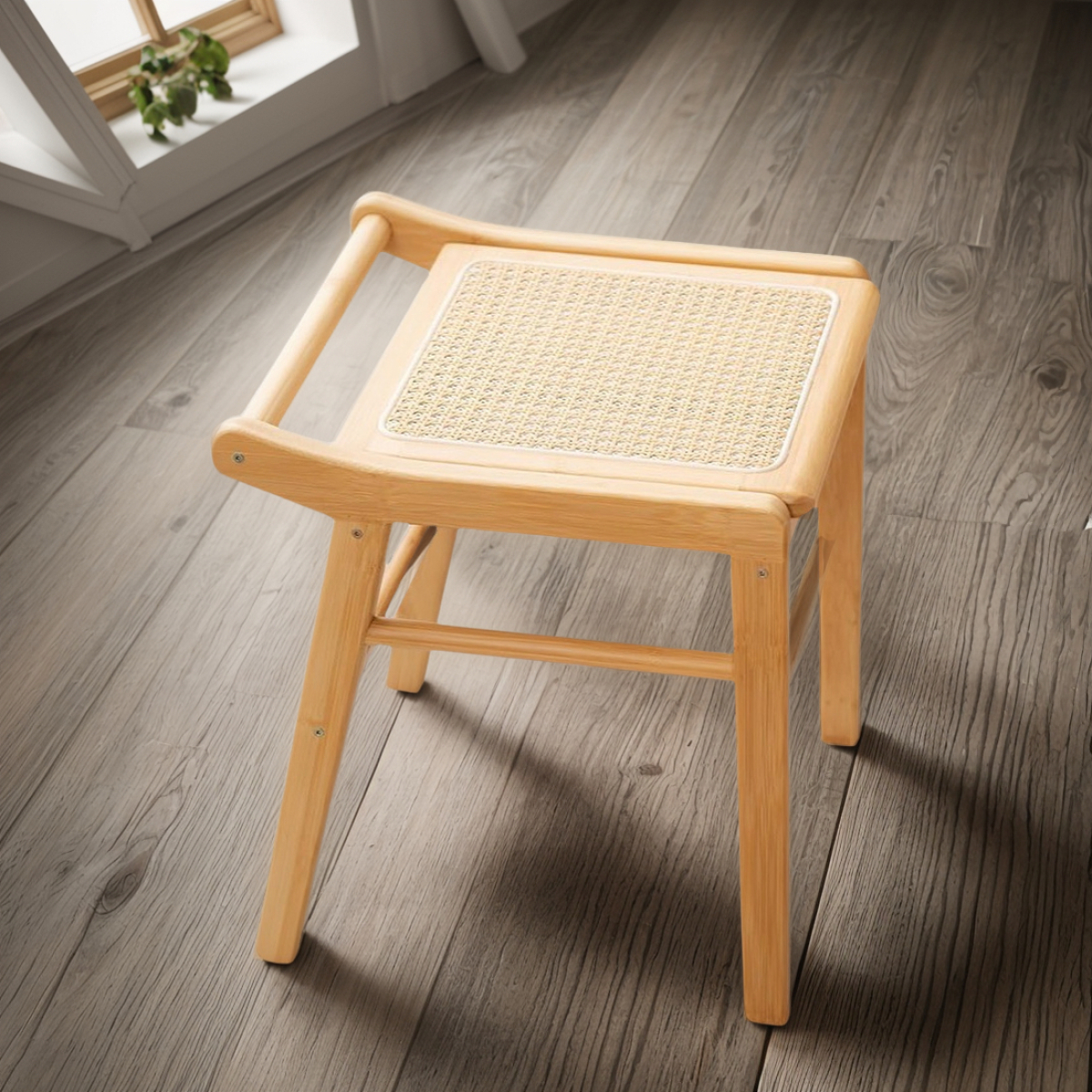 Taburete Banco Nórdico Bajo Cuadrado De Ratan Y Madera - Imagen 3