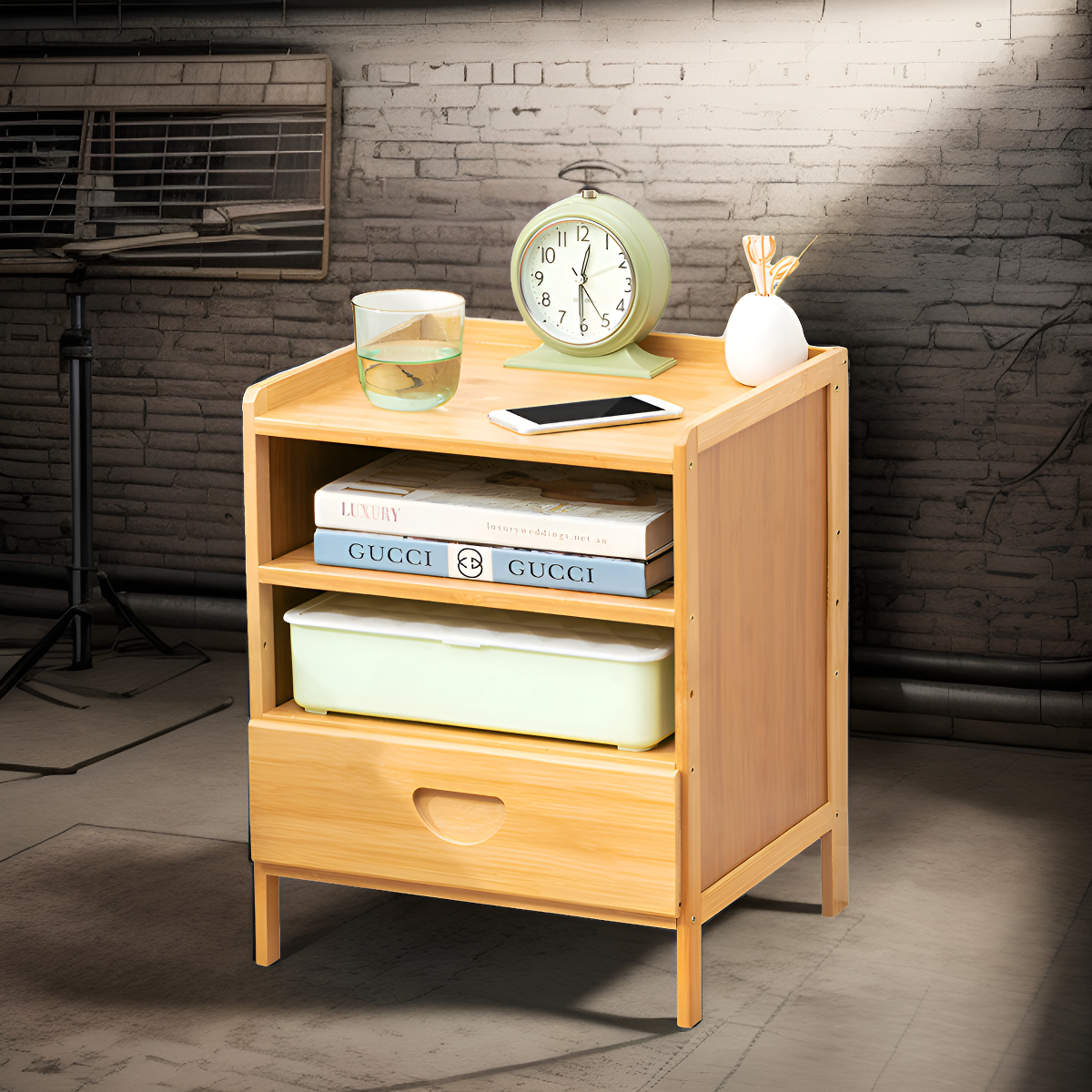 Mesa De Luz Bamboo Un Cajon Doble Estante - Imagen 2