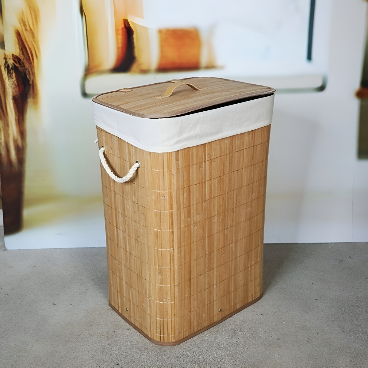 Cesto Bambú Para Ropa Sucia 40x30x60 Con Cuero Pu Y Tapa - Imagen 2