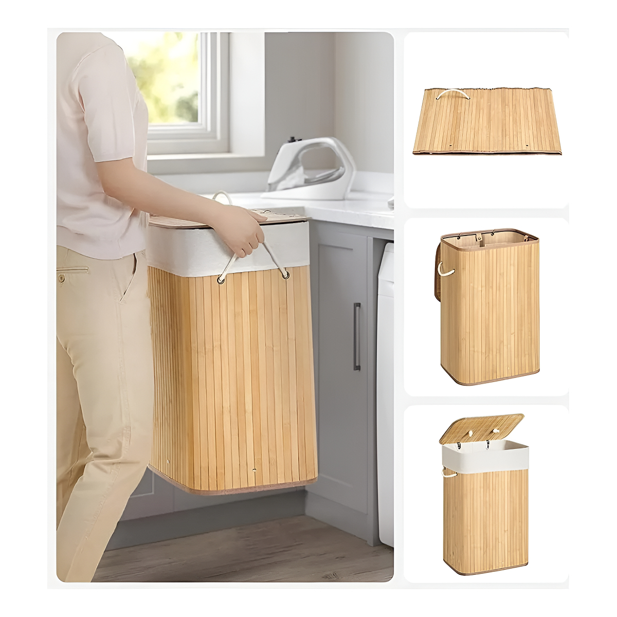 Cesto Bambú Para Ropa Sucia 40x30x60 Con Cuero Pu Y Tapa - Imagen 5
