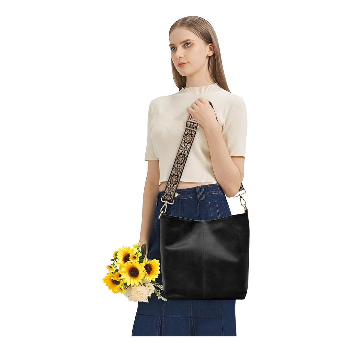 Bolso Cartera Cuero Alta Calidad Gran Capacidad Asa De Tela - Imagen 2