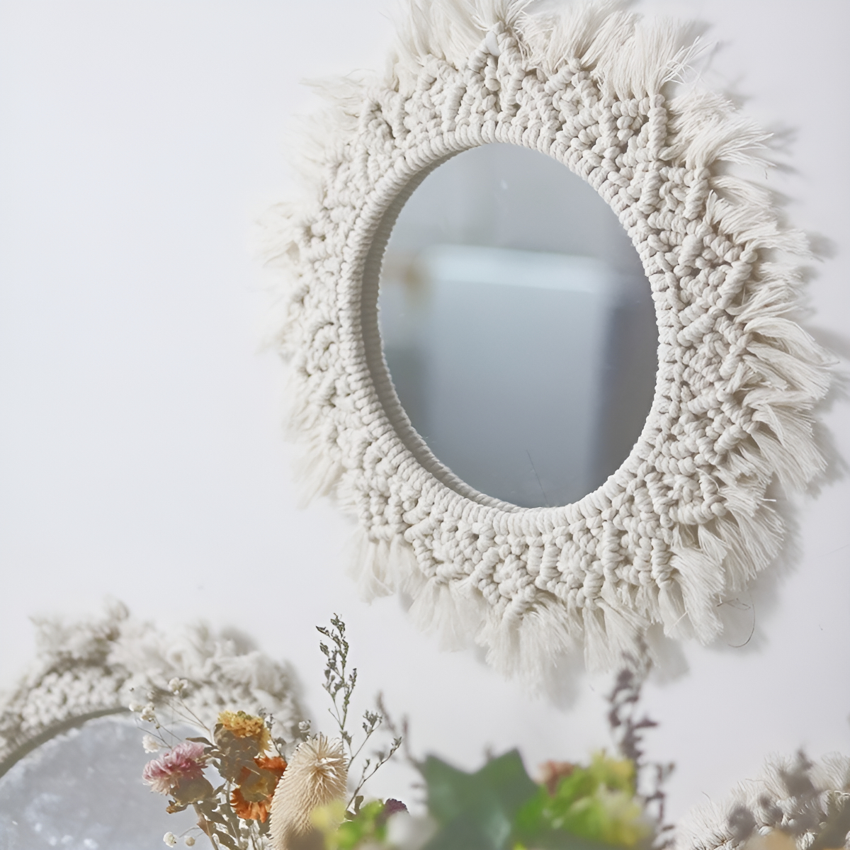 Espejo Colgante De Pared Redondo Decorativo Macramé Vintage - Imagen 2
