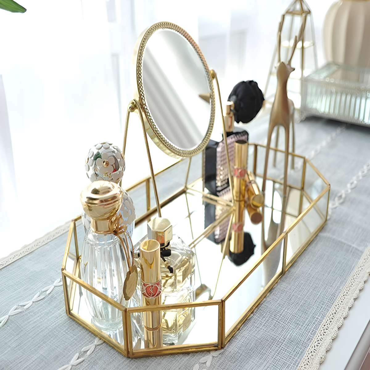 Espejo Tocador De Mesa Redondo Dorado Decorativo Maquillaje - Imagen 5