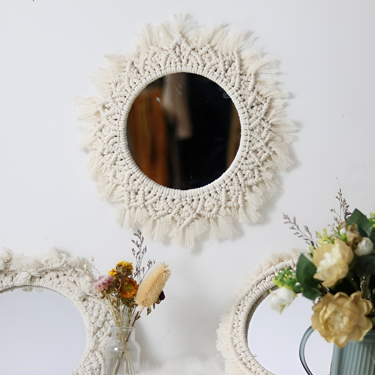 Espejo Colgante De Pared Redondo Decorativo Macramé Vintage - Imagen 5