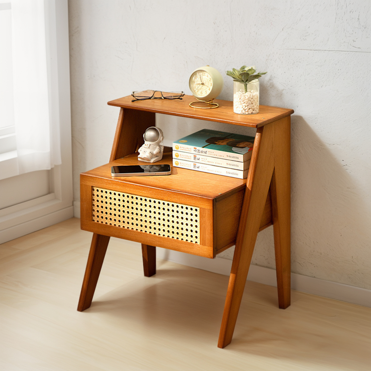 Mesa De Luz Cajon Dos Estantes Tipo Ratan Bamboo Dormitorio - Imagen 1