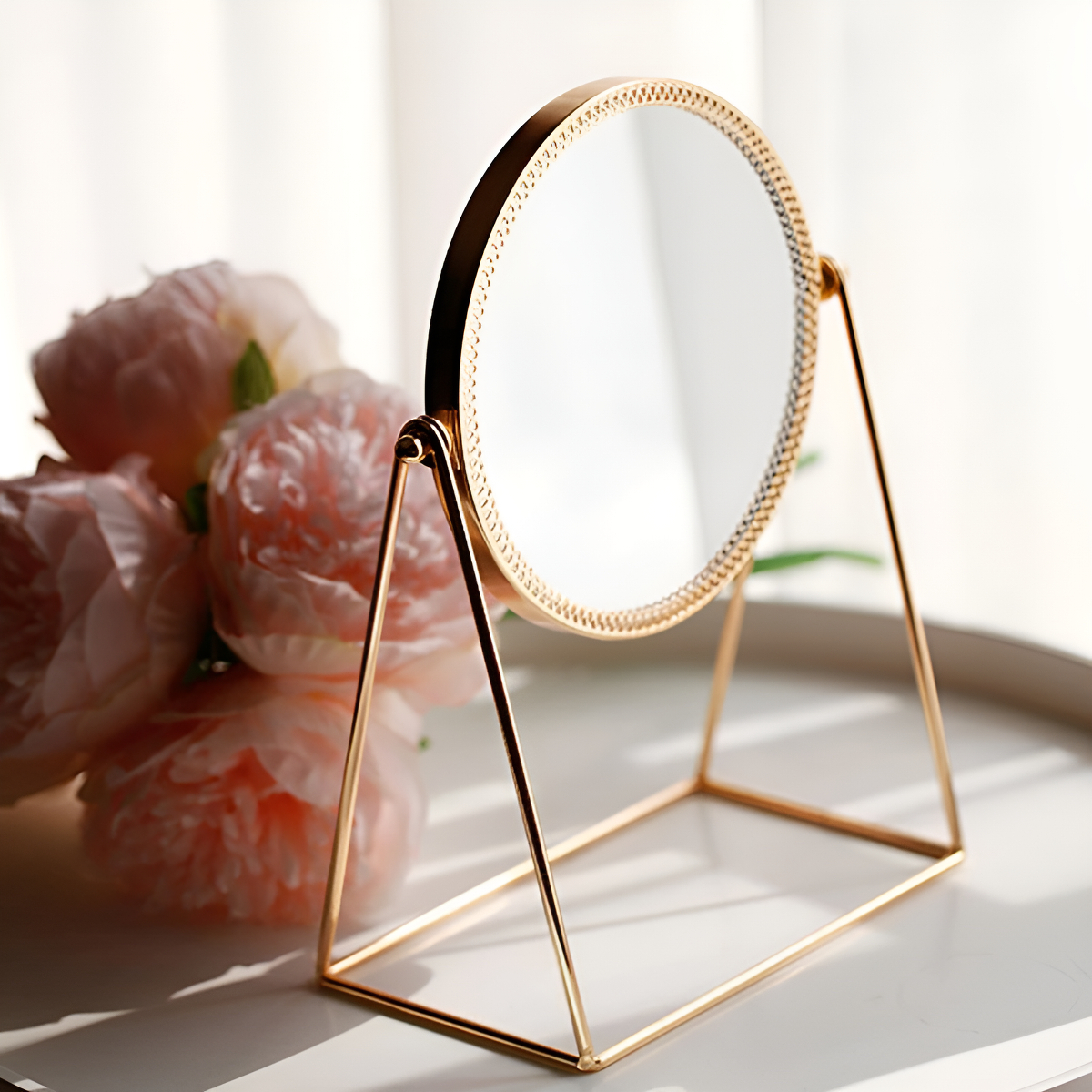 Espejo Tocador De Mesa Redondo Dorado Decorativo Maquillaje - Imagen 7
