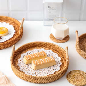 Bandeja Rattan Con Asas Circular Rustica Decorativa 28cm, foto 4