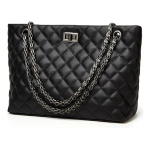 Bolso Cartera Capitoneado En Cuero Pu Con Correa Cadena Negro Geométrico Níquel